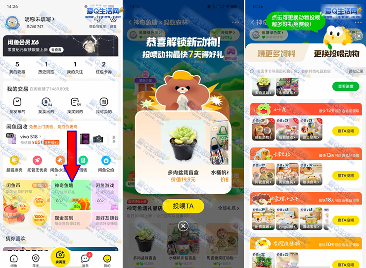 闲鱼神奇鱼塘 投喂动物领自选实物礼品